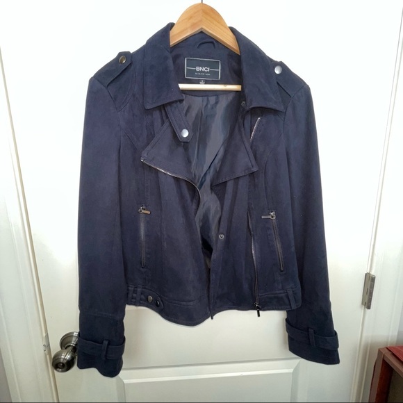 Blank Noir Faux Suede Navy Moto Jacket S - Picture 3 of 17